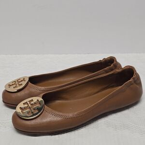 Tory Burch Minnie Tan Brown Genuine Leather Ballet Flats Size 8.5 Gold Tone Logo